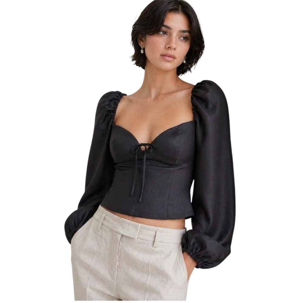 Aritzia Wilfred Novella Blouse Black Puff Sleeve Sweetheart Crop Top XS